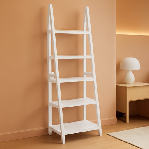 Ladder Bookshelf Organizer, 5-Tier, Solid Rubberwood Frame, White Finish, 14 D X 24.8 W X 70.1 H In