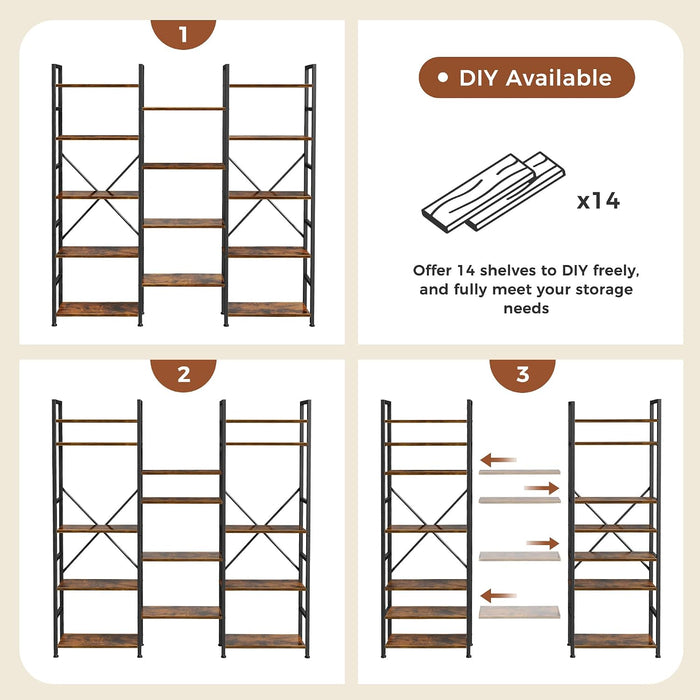 Triple Bookshelf, Bookcase with 14 Open Display Shelves, Wide Book Shelf Book Case for Home & Office, 5 Tier, Brown