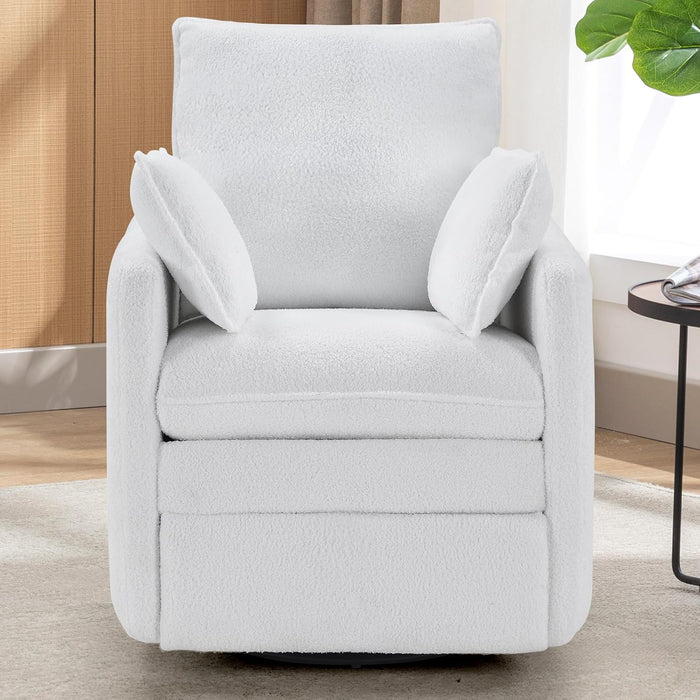 Swivel Rocker Recliner Chair, Teddy Upholstered Nursery Glider Chair, Manual Reclining Chair with Two Removable Pillows for Living Room (White)