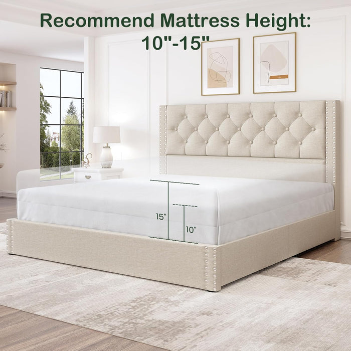 Queen Size Bed Frame with 4 Storage Drawers and Tufted Headboard Linen Upholstered Platform Bed Frame with Heavy Duty Wood Slats, No Box Spring Needed, Easy Assembly, Beige