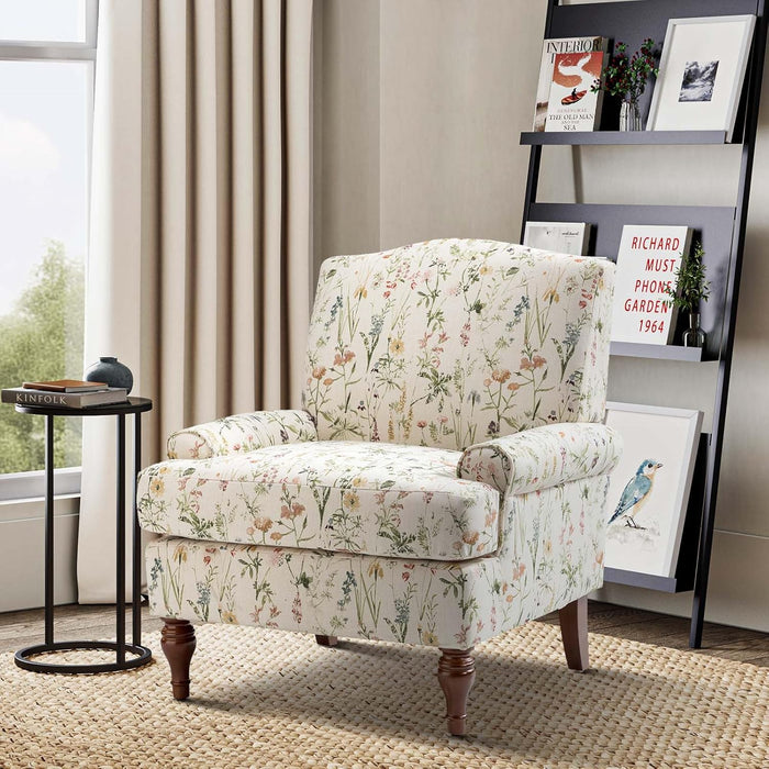 Accent Chair with Solid Legs & Removable Cushion, Floral Comfy Upholstered Armchair, Leisure Single Sofa Chair for Living Room/Bedroom, Spring