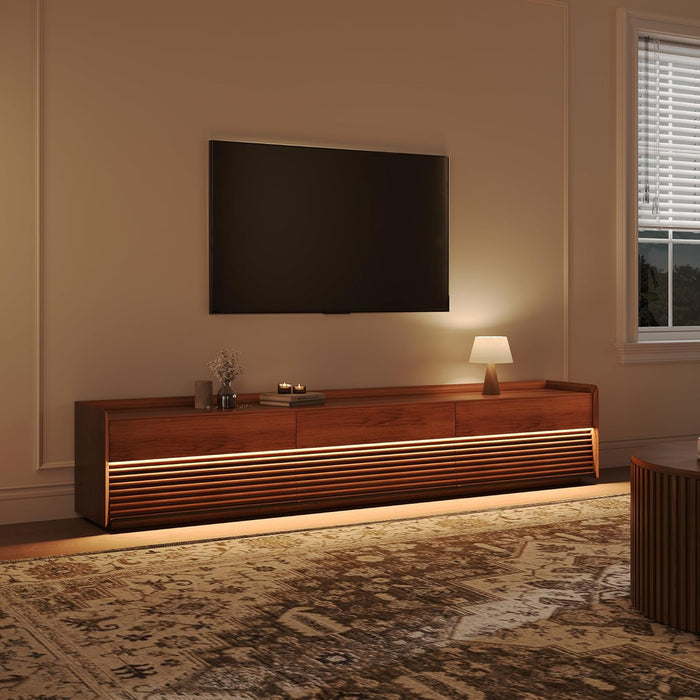 Fully-Assembled Mid Century Modern TV Stand, 94.49" Wood Media Console with Adjustable LED Light, Entertainment Center with Storage for Living Room