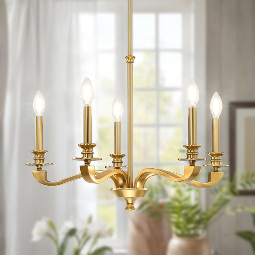 Gold Chandeliers for Dining Room, 25.5 Inch Vintage Gold Chandelier Light Fixture over Table, Farmhouse Candle Chandeliers, 5-Light Brass Chandeliers for Kitchen, Bedroom, Living Room (E12 Base)