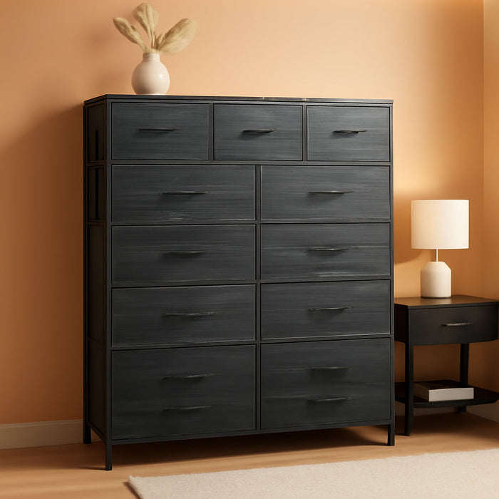 Tall Dresser for Bedroom with 13 Drawers, Storage Dresser Organizer Unit, Fabric Dresser for Bedroom, Closet, Chest of Drawers, Steel Frame, Wood Top, Charcoal Black Wood Grain Print