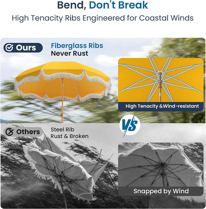 7Ft Fringe Beach Umbrella with Sand Anchor Outdoor Patio, UPF 50+, Yellow