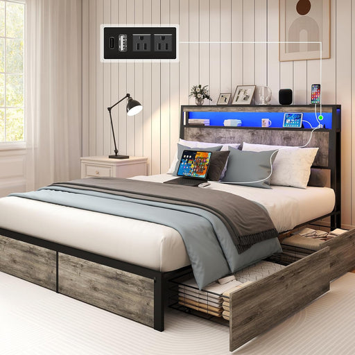 Full Size Bed Frame with Storage Headboard, Metal Platform Full Bed Frame Wood with 4 Drawers, LED Light, Charging Station, No Box Spring Needed, Noise Free, Easy Assembly, Grey