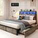 Full Size Bed Frame with Storage Headboard, Metal Platform Full Bed Frame Wood with 4 Drawers, LED Light, Charging Station, No Box Spring Needed, Noise Free, Easy Assembly, Grey