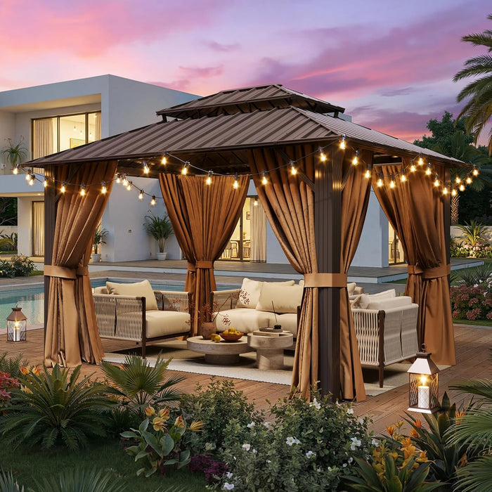 10X12Ft Hardtop Gazebo, Metal Frame with Double Galvanized Steel Roof, Permanent Outdoor Pergola with Curtains and Netting Included for Backyard, Patio, Lawn and Garden, Brown