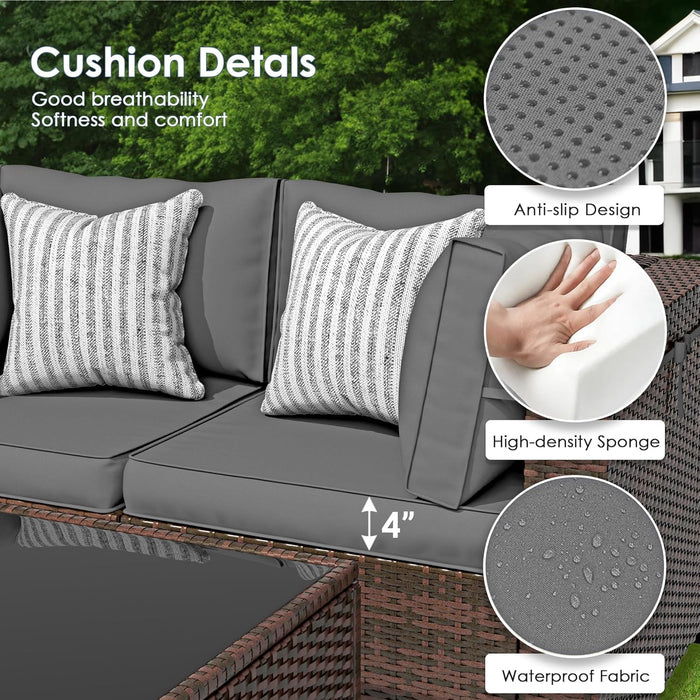 7 Pieces Patio Furniture Set, Outdoor Furniture Sectional Rattan Sofa Sets, Patio Couch with Glass Coffee Table for Backyard Garden (Grey)