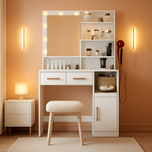 Vanity Desk with Mirror and Lights | Makeup Vanity Desk with 3 Drawers & Storage Shelves & Side Table, 3 Color Modes & Adjustable Brightness, Bedroom Furniture