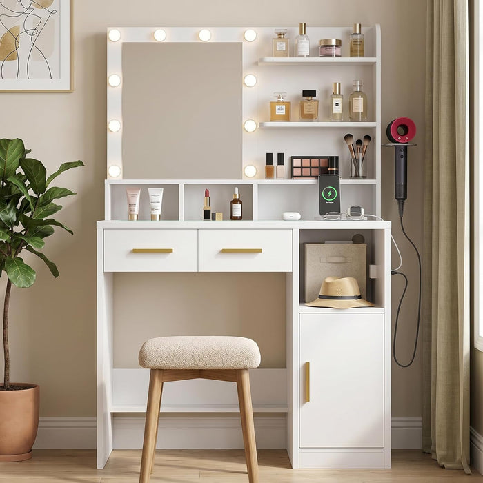 Vanity Desk with Mirror and Lights | Makeup Vanity Desk with 3 Drawers & Storage Shelves & Side Table, 3 Color Modes & Adjustable Brightness, Bedroom Furniture