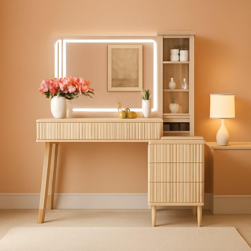 Fluted Makeup Vanity Desk with Mirror and Lights, Modern Glass Top Vanity Table with Charging Station, 5 Drawers & Shelves, 3 Color Modes, Wood Dressing Table for Bedroom, Oak