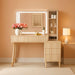Fluted Makeup Vanity Desk with Mirror and Lights, Modern Glass Top Vanity Table with Charging Station, 5 Drawers & Shelves, 3 Color Modes, Wood Dressing Table for Bedroom, Oak