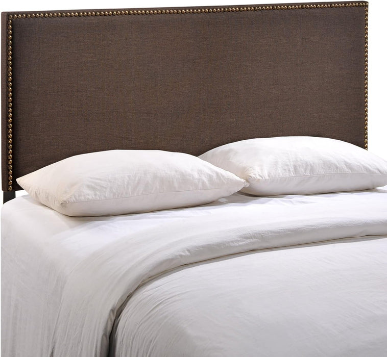 Region Linen Fabric Upholstered Queen Headboard in Dark Brown with Nailhead Trim
