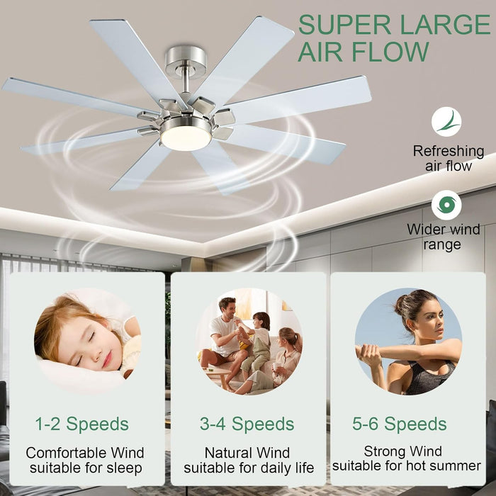 Nickel 48 Inch Ceiling Fans with Lights and Remote/App Control, Low Profile Ceiling Fan, 8 Blades，Led Dimmable, Reversible DC Motor, Noiseless, Ceiling Fan for Bedroom Indoor/Outdoor Use