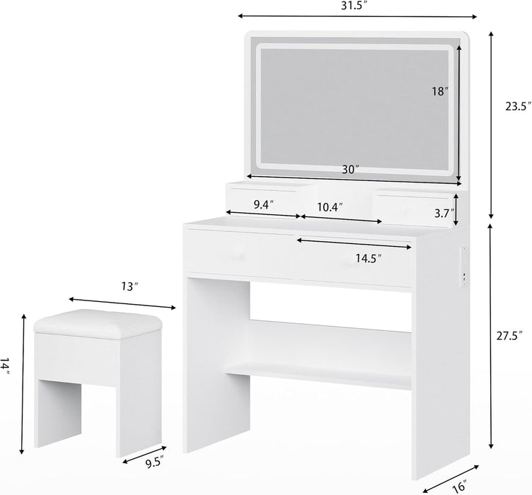 Vanity Desk with LED Mirror and 3 Light Modes, Makeup Vanity Table with Power Outlet, 4 Drawers and Hidden Storage Chair for Bedroom, White