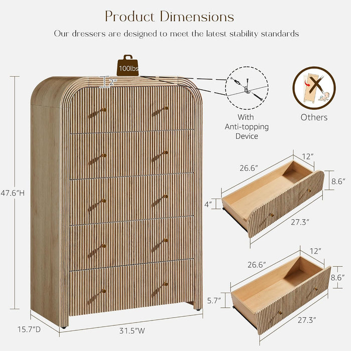 48" Tall Fluted 5 Drawers Dresser for Bedroom with Rounded Curved