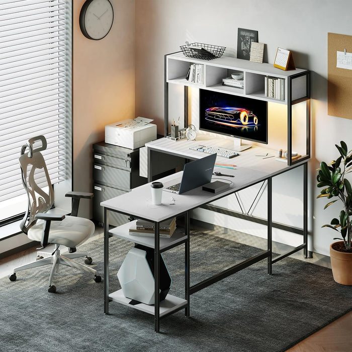 67" L Shaped Gaming Desk, Corner Desk for Compact Spaces with Keyboard Tray & Storage Shelf,Reversible Computer Desk with LED Lighting,Metal Frame PC Gaming Table for Home Office Bedroom,White