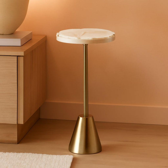 Sitara Mid-Century Modern Drink Table; 8 X 8 X 23; Natural Quartz and Brass; Unique round Stone Mini Table for Use as Bathroom Accent Table or Pedestal Martini Table