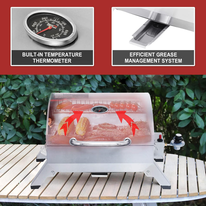 GT1001 Stainless Steel Portable Grill, 10000 BTU BBQ Tabletop Gas Grill with Folding Legs and Lockable Lid, Outdoor Camping, Deck and Tailgating, Silver