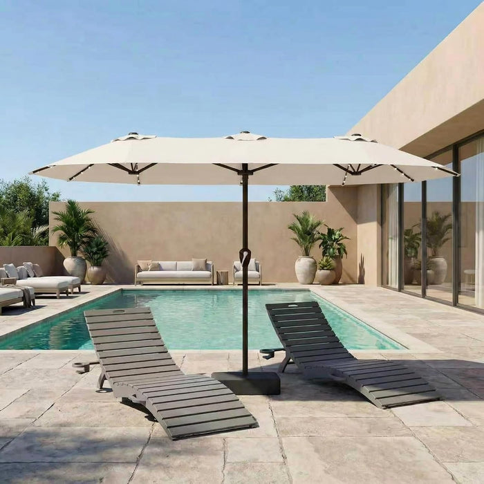 15FT Patio Umbrella with Solar Lights, Double-Sided Extra Large Outdoor Table Umbrella with Base Included, Heavy-Duty 12 Iron Ribs Market Umbrella for Garden, Pool, Backyard, Creamy White