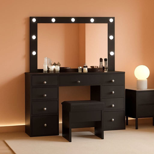Vanity Desk & Power Outl, Makeup Table with Mirror and 12 LED Lights, Makeup Table with 11 Drawers, 3 Lighting Modes Brightness Adjustable(Black)