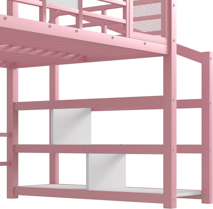 House Loft Bed Full Size, Full Size Loft Bed with Storage Stairs and Open Wardrobe, Heavy Duty Loft Beds with Slide for Girls, Boys, Noise-Free Design Pink