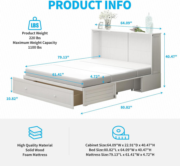 Murphy Bed Cabinet with Built-In 3 Charging Station and 2 Storage Drawers, Solid Wood Cabinet Bed Queen Size with Mattress, Murphy Cube Chest Bed for Guest Room (White-Murphy Bed A)