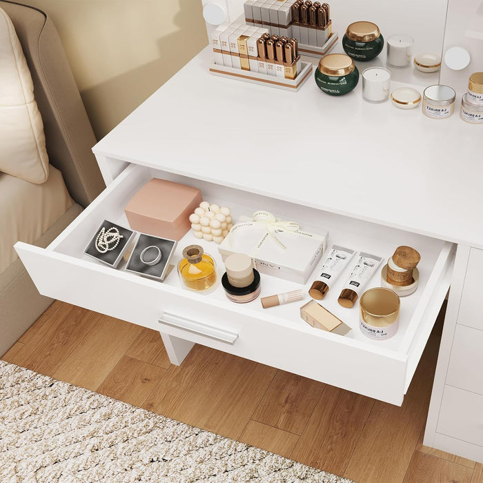Makeup Vanity with Lights, Vanity Desk with Mirror and 10 LED Lights, White Table with 4 Drawers, Cabinet & 4 Necklace Hooks, Dressing Table for Bedroom,Grils Vanity, White