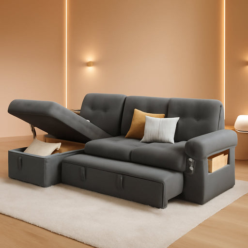 84Inch Sleeper Sofa Bed DarkGreyVelvetWithLEDStorage