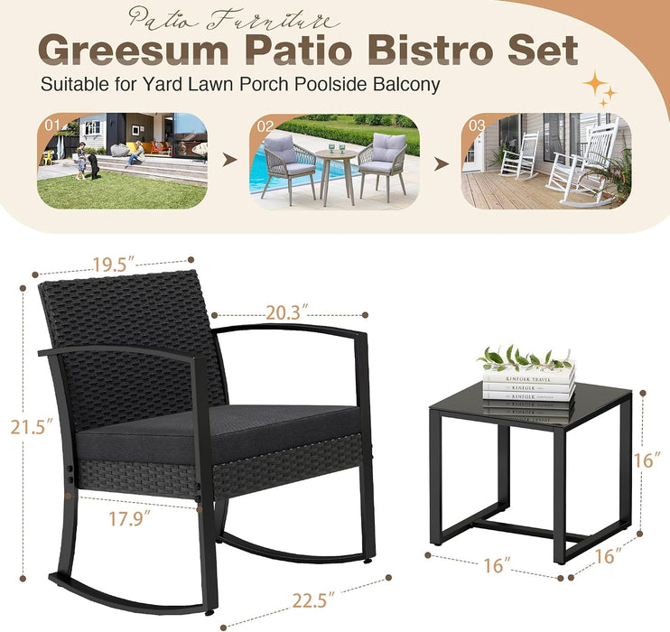 3 Pieces Outdoor Furniture Set Patio Bistro Rocking Chairs with Glass Coffee Table for Pool Beach Backyard Balcony Porch Deck Garden, Black