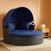 4-Piece round Convertible Daybed with Cushions, Outdoor PE Rattan Patio Wicker Sofa Set, Sunbed with Adjustable Sun Canopy, Sectional Sofa, 2 Chairs, Table, 3 Pillows, Dark Blue