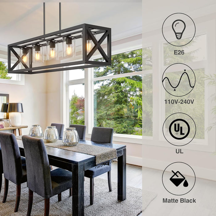 Farmhouse Dining Room Light Fixture - 5 Light Matte Black Rectangle Light Fixture with Adjustable Height & Thickened Metal Dining Table Fixture Chandeliers for Dining Room&Kitchen Island
