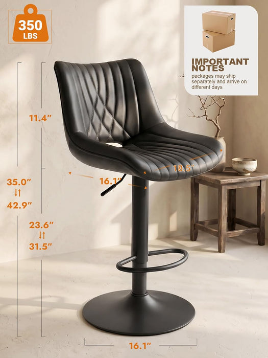 Swivel Bar Stools Set of 2, Height Adjustable Counter Height Bar Stools with Open Back and Footrest, Premium Faux PU Leather, Modern Upholstered Bar Chairs for Kitchen Island/Bar/Counter, Black