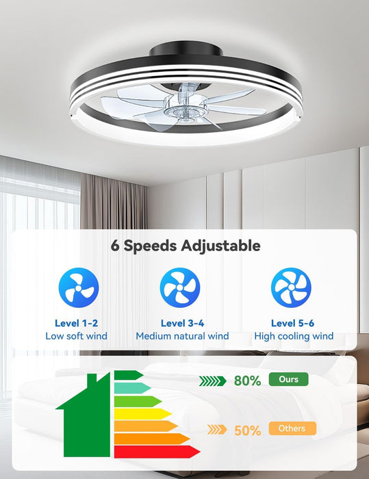 Modern Bladeless Ceiling Fans with Lights, Small Fandelier Bedroom Ceiling Fan - Low Profile LED Fan Light with Remote APP, Flush Mount, Dimmable, DC Motor, 6 Speeds, Timer (18 Inch, Black)