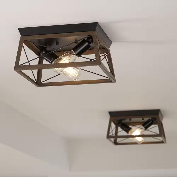 Briarwood Collection 2-Light Antique Bronze Kitchen Farmhouse Ceiling Light Flush Mount with Painted Wood Oak Frame