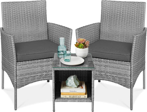 3-Piece Outdoor Wicker Conversation Bistro Set, Space Saving Patio Furniture for Garden W/Side Table - Gray/Gray