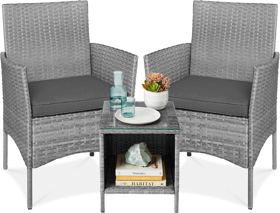3-Piece Outdoor Wicker Conversation Bistro Set, Space Saving Patio Furniture for Garden W/Side Table - Gray/Gray