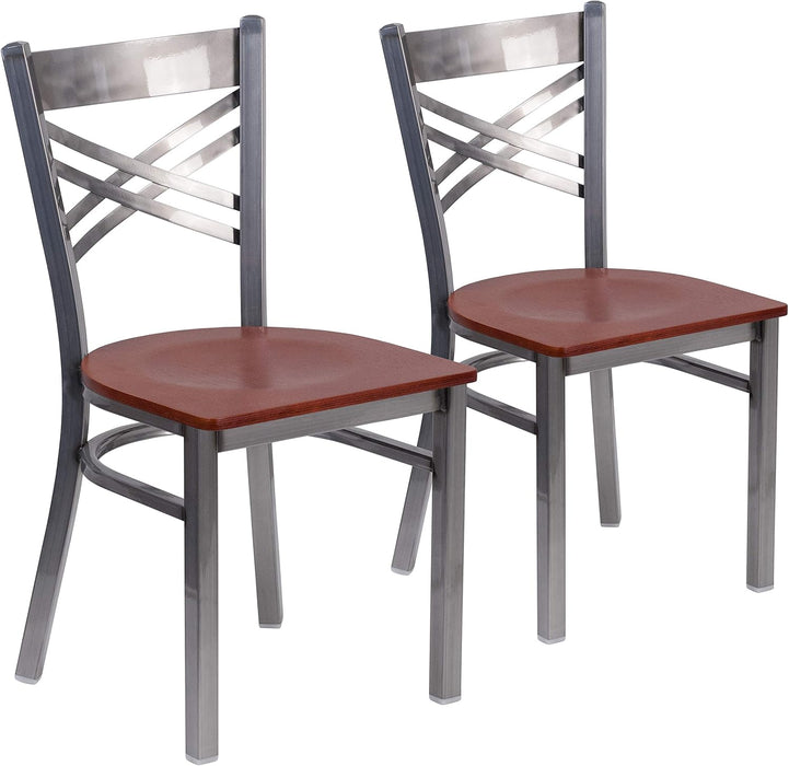 2 Pk. HERCULES Series Clear Coated ''X'' Back Metal Restaurant Chair - Cherry Wood Seat