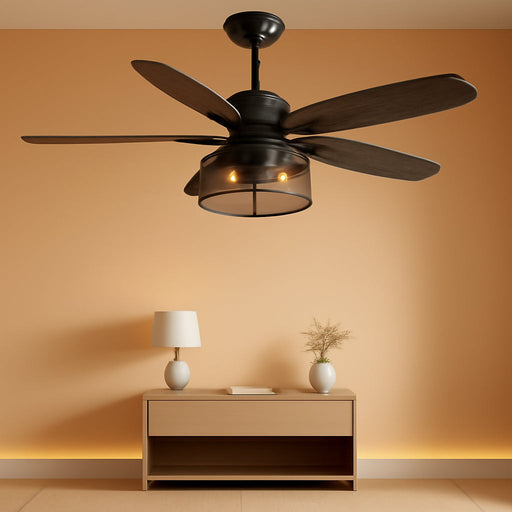 48" Black Farmhouse Ceiling Fan with Light and Remote, Industrial Cage Design, Rustic Flush Mount for Bedroom Living Room, E26 Base, DC Motor, 6-Speed Reversible with Timer, Dual Blades