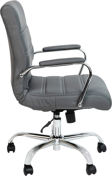 Whitney Mid-Back Swivel Leathersoft Desk Chair with Padded Seat and Armrests, Adjustable Height Padded Office Chair, Gray/Chrome