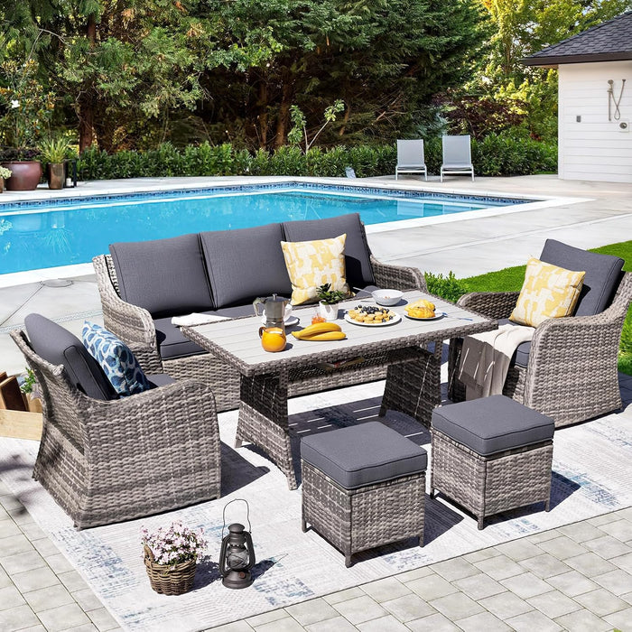 6 Pieces Outdoor Patio Furniture Set, Wicker Patio Conversation Set, Patio Sectional Furniture Set with 2 Single Chair and Sofa, 2 Ottomans and Dining Table (Grey)