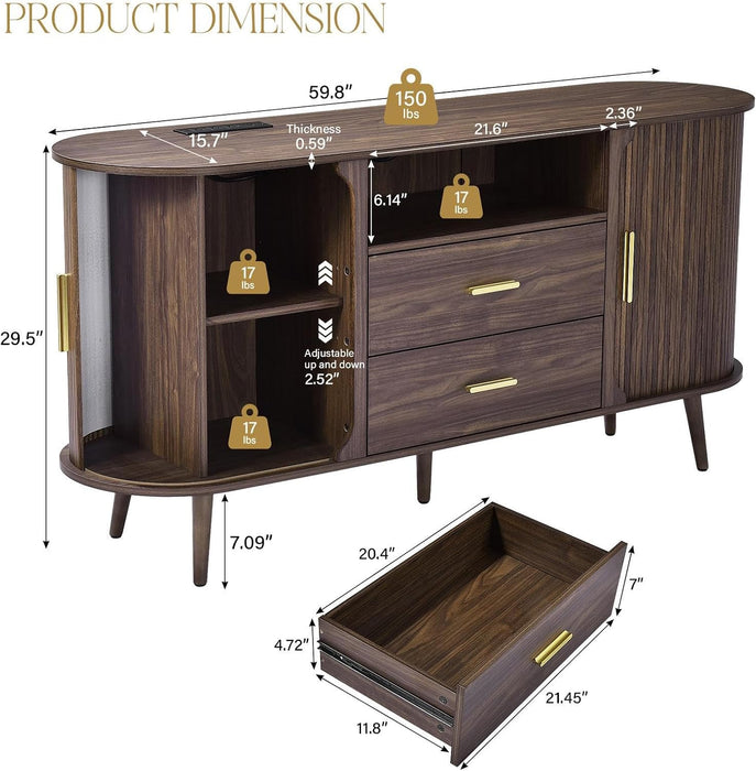 60" Sideboard Buffet Cabinet, Walnut Buffet Sideboard Storage Cabinet, Sliding Door & Adjustable Shelf, Mid-Century Modern Accent Coffee Bar Console Table for Kitchen, Entryway/Living Room/Dining Room