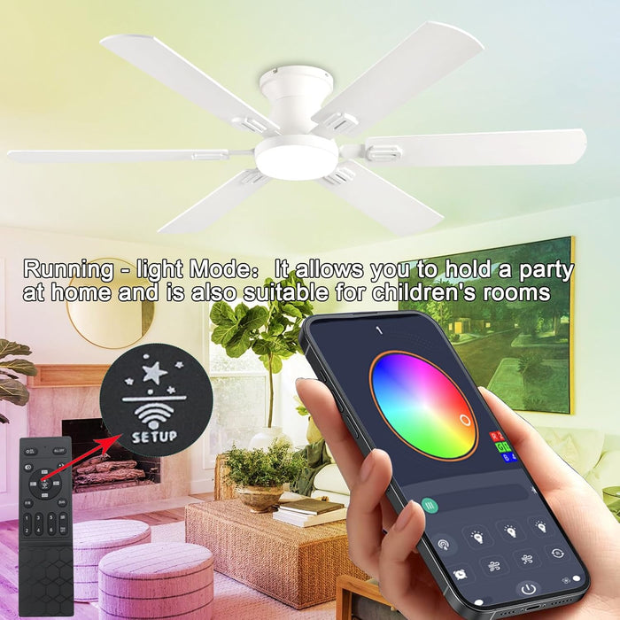 56 Inch Ceiling Fans with Lights, White Flush Mount Ceiling Fan with Light and Remote/App Control, 3Cct,Dimmable, Noiseless, Low Profile Ceiling Fan for Bedroom, Patio, Indoor/Outdoor Use