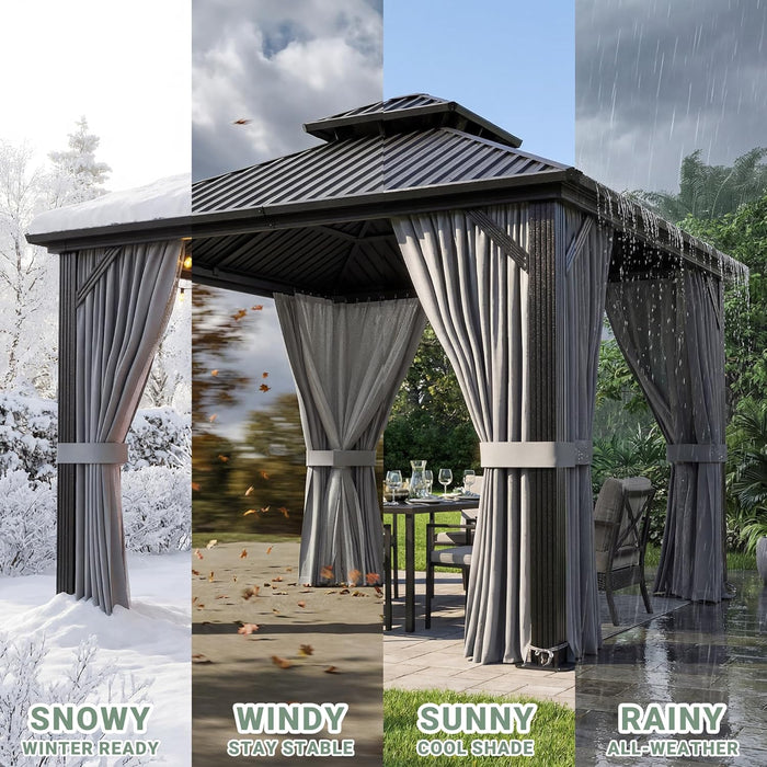 10'X12' Gazebo Hardtop Gazebo, Aluminum Frame Pergola with Double Galvanized Steel Roof, Permanent Outdoor Metal Canopy with Curtain & Netting for Patio, Backyard, Deck, Dark Grey