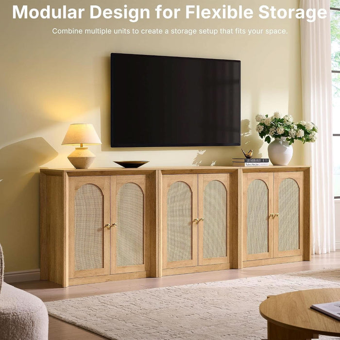 Rattan Arched Door Sideboard Buffet Cabinet, Natural Oak