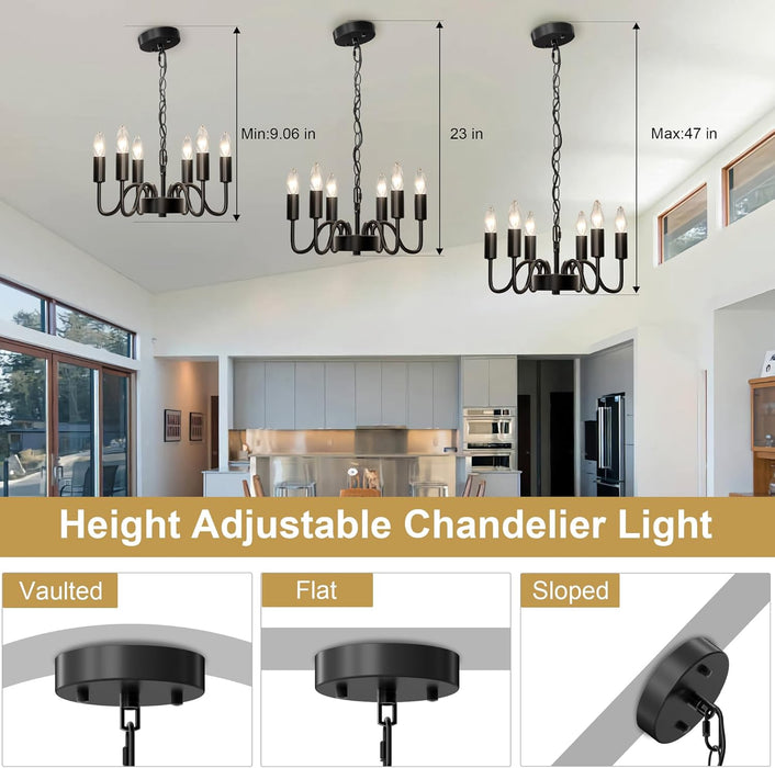 Black Chandelier for Dining Room, Rustproof 6-Light Farmhouse Chandelier Light Fixture, 47Inches Modern Candle Hanging Light for Bedroom, Adjustable Rope, E12 Small Base, Bulbs Not Included