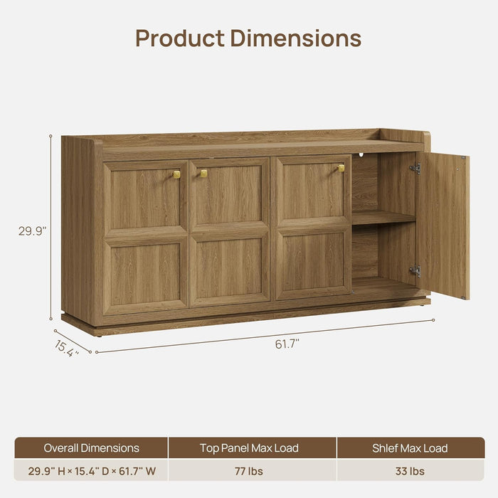 61.7" Buffet Cabinet 4-Door Sideboard Kitchen Living Room Brown Oak | Geometric Doors & Elegant Gold Handle, Slow-Close Door, 2 Separate Bays, 3-Level Adjustable Shelf, Kid & Pet Safe, 77 Lbs Top