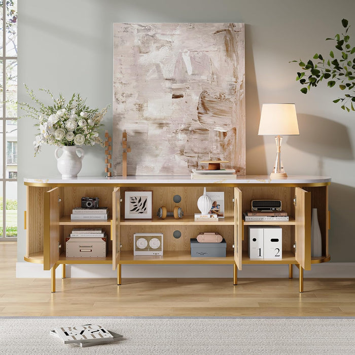 70" Modern Fluted TV Stand, Entertainment Center with Reeded Glass Door, Ajustable Shelves & Sliding Doors, TV Console with Large Storage Space, Media Console for Living Room, Oak