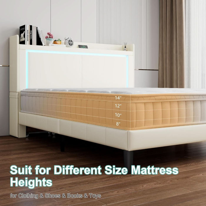 Queen PU Upholstered LED Bed Frame with Rolling Storage Nightstands, Bed Frame Queen Size with Charging Station, Wooden Slats Support, No Box Spring Needed, Noiseless, Beige White